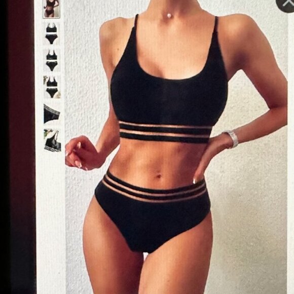 Brand New Contrast Mesh High Waisted Bikini Swimsuit Black Various - Picture 1 of 5